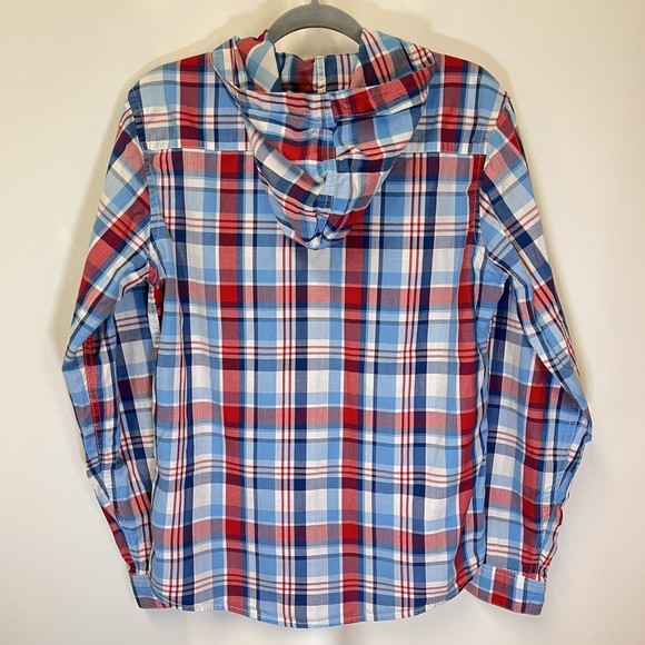 Levis Modern Fit Hooded Button Up L/S Shirt Mens Medium Red White Blue Plaid - Picture 4 of 16
